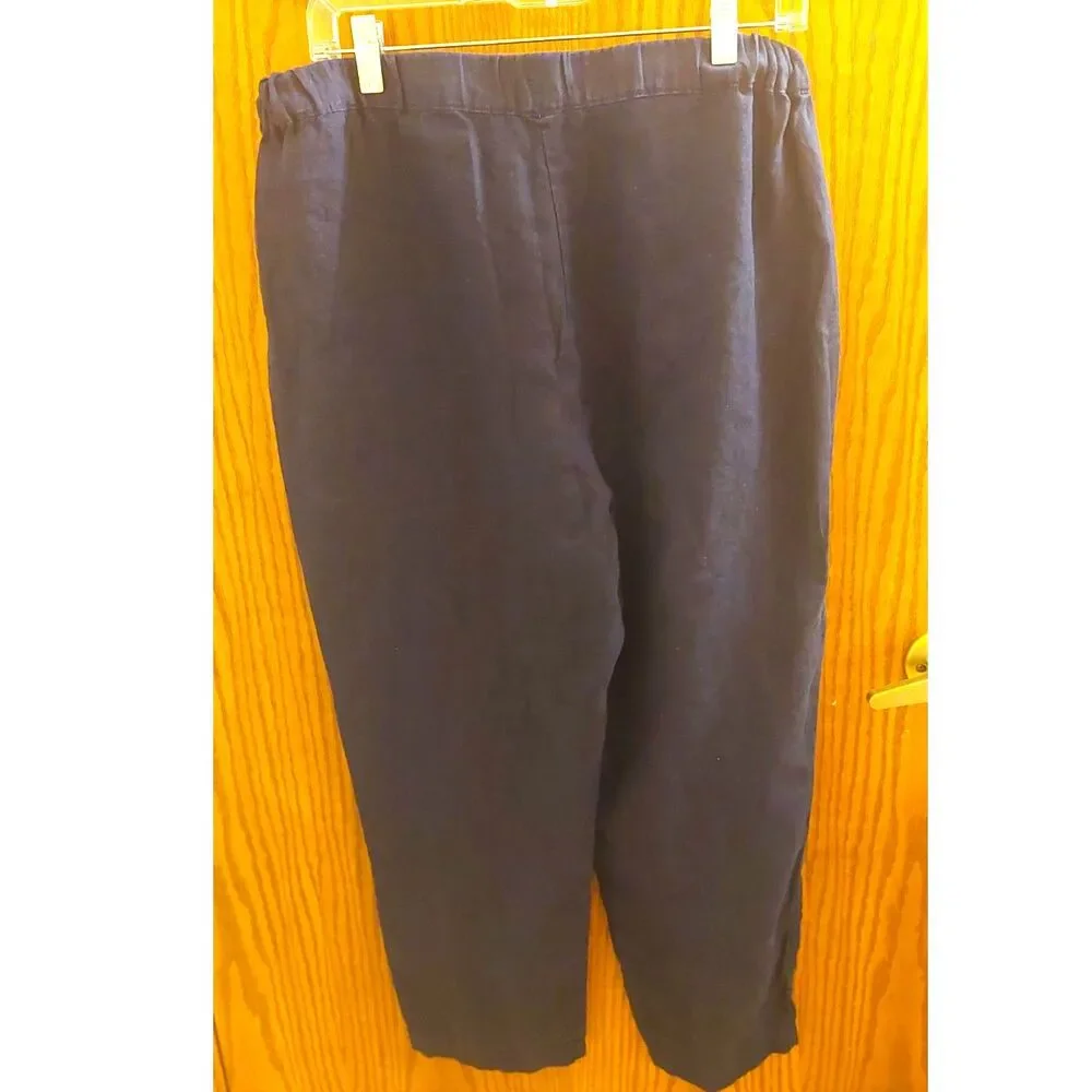 Quince 100% Linen Pull On Cropped Pants Women's Large Navy Blue Pockets